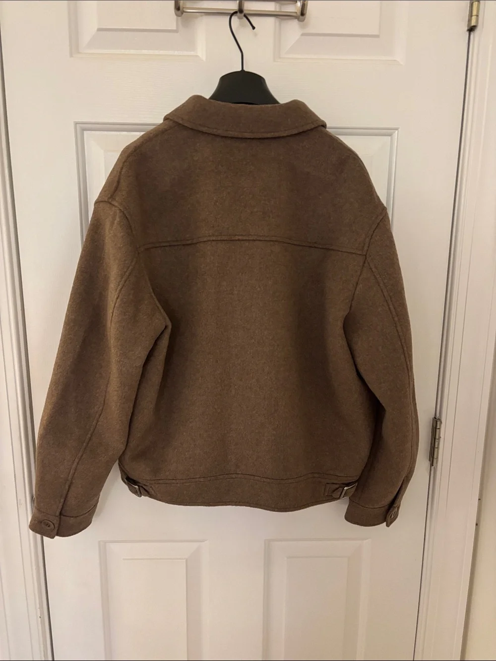 Coach: Women’s Bomber Brown Wool-Blend Zip Jacket w/pockets buckles on back